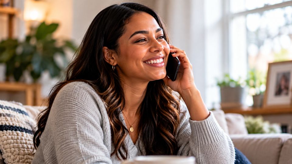 A young woman smiling during a phone call