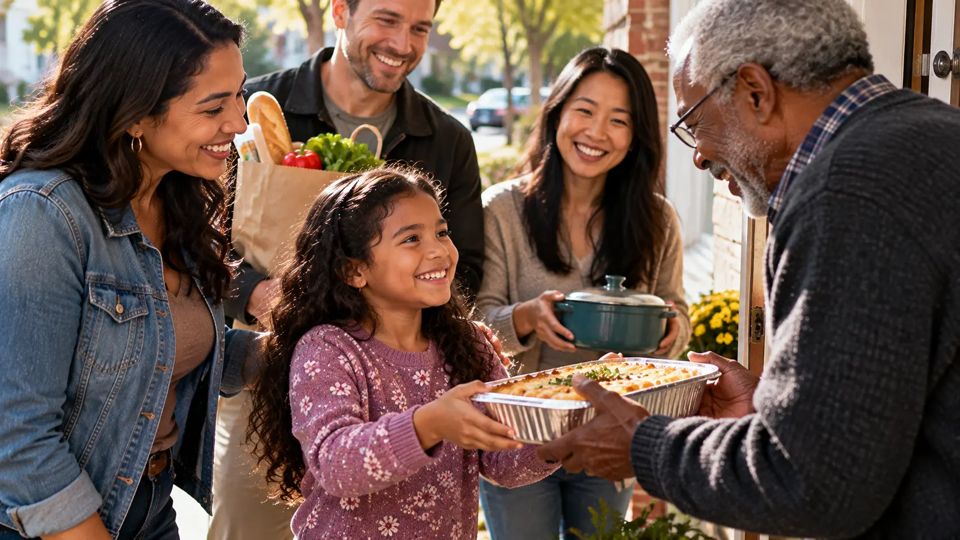 A father and his young daughter, seen from behind, giving flowers to an elderly neighbor