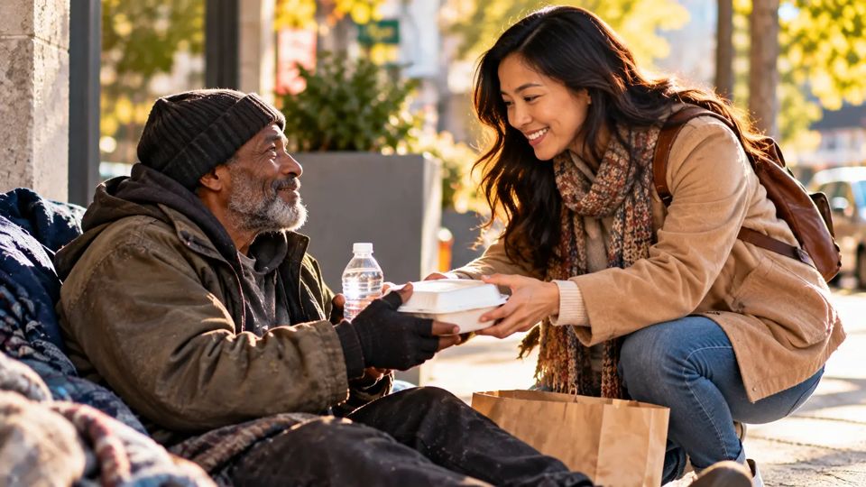 Volunteers and neighbors laughing together over a shared community meal