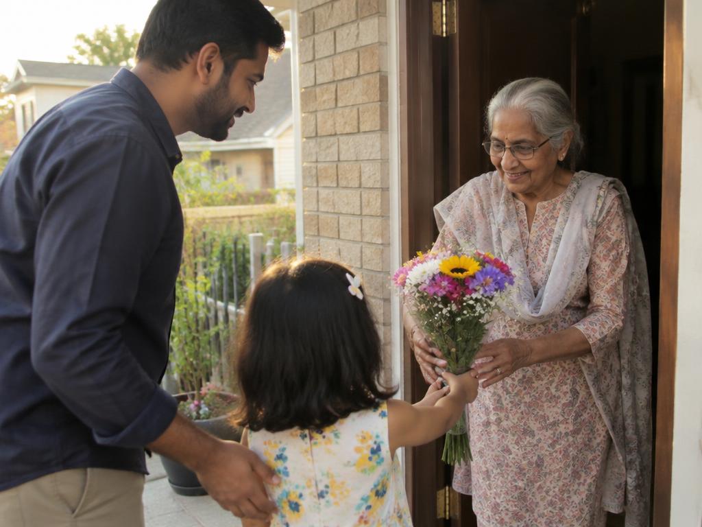 A father and young daughter, seen from behind, giving flowers to an elderly neighbor