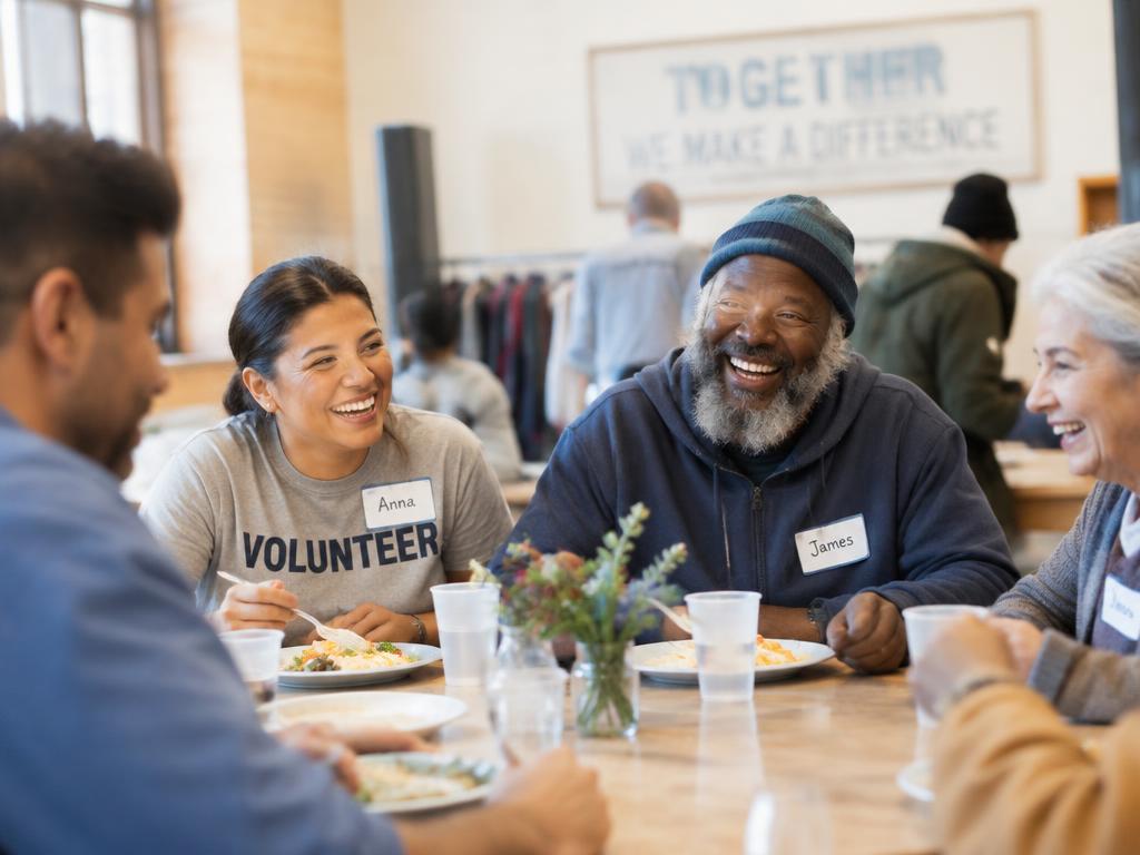 Volunteers and neighbors laughing together over a shared community meal