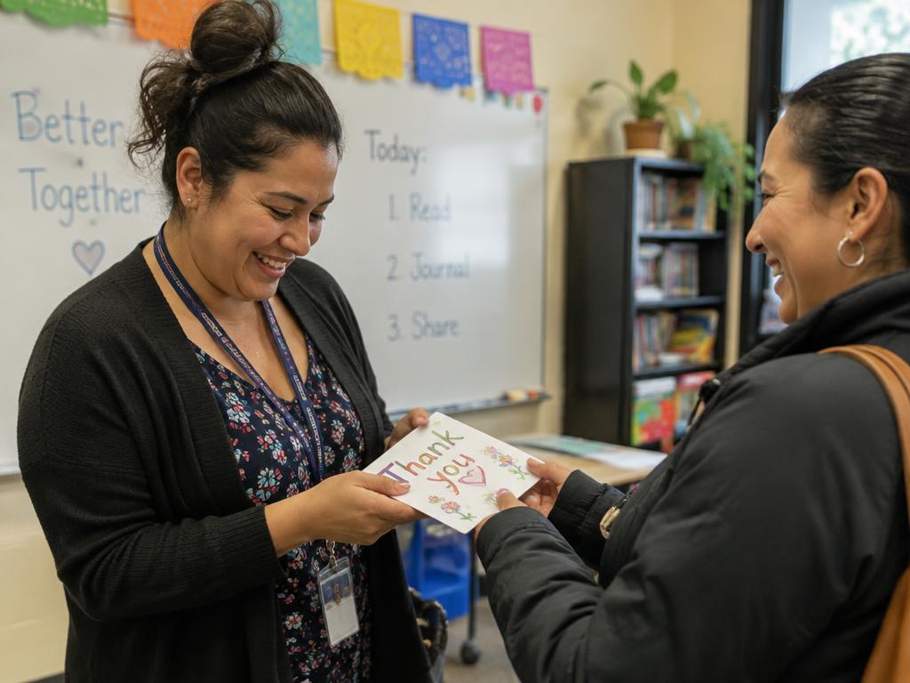 A teacher smiling as she reads a handmade thank-you card